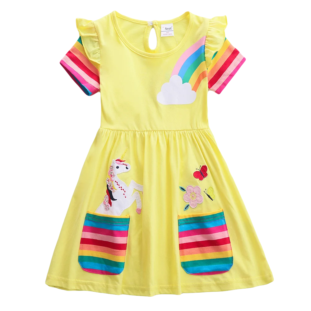 Piger kortærmet kjole broderet nye stil, lomme på ærme rainbow bomuld kjole ydre slid part kid kjole SH81035