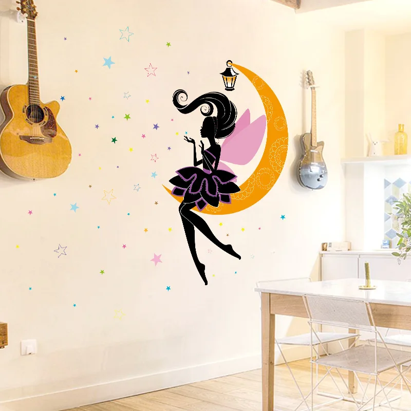 Piger Med Månen, Stjerner Mønster Wall Stickers Til Hjemmet Udsmykning Diy Kids Room, Soveværelse Vægmaleri Kunst Pvc Vægoverføringsbilleder