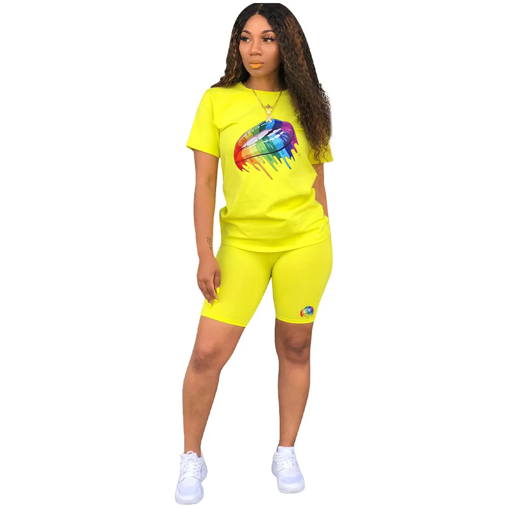 Plus Størrelse 2 Stykke Korte Sæt af Kvinders Tøj Trykt Rainbow Læbe O-Neck T-shirt + Korte Bukser om Sommeren Casual Maxi Clothings S-5XL