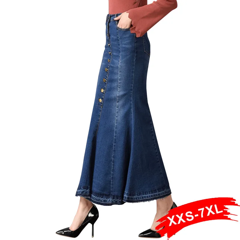 Plus Størrelse Flare Denim Lange Nederdele Knap Op-6Xl 4Xl 7Xl Kvinder Overdimensionerede Sexy Lady ' S Bodycon Ankel Længde Lange Jeans, Nederdele