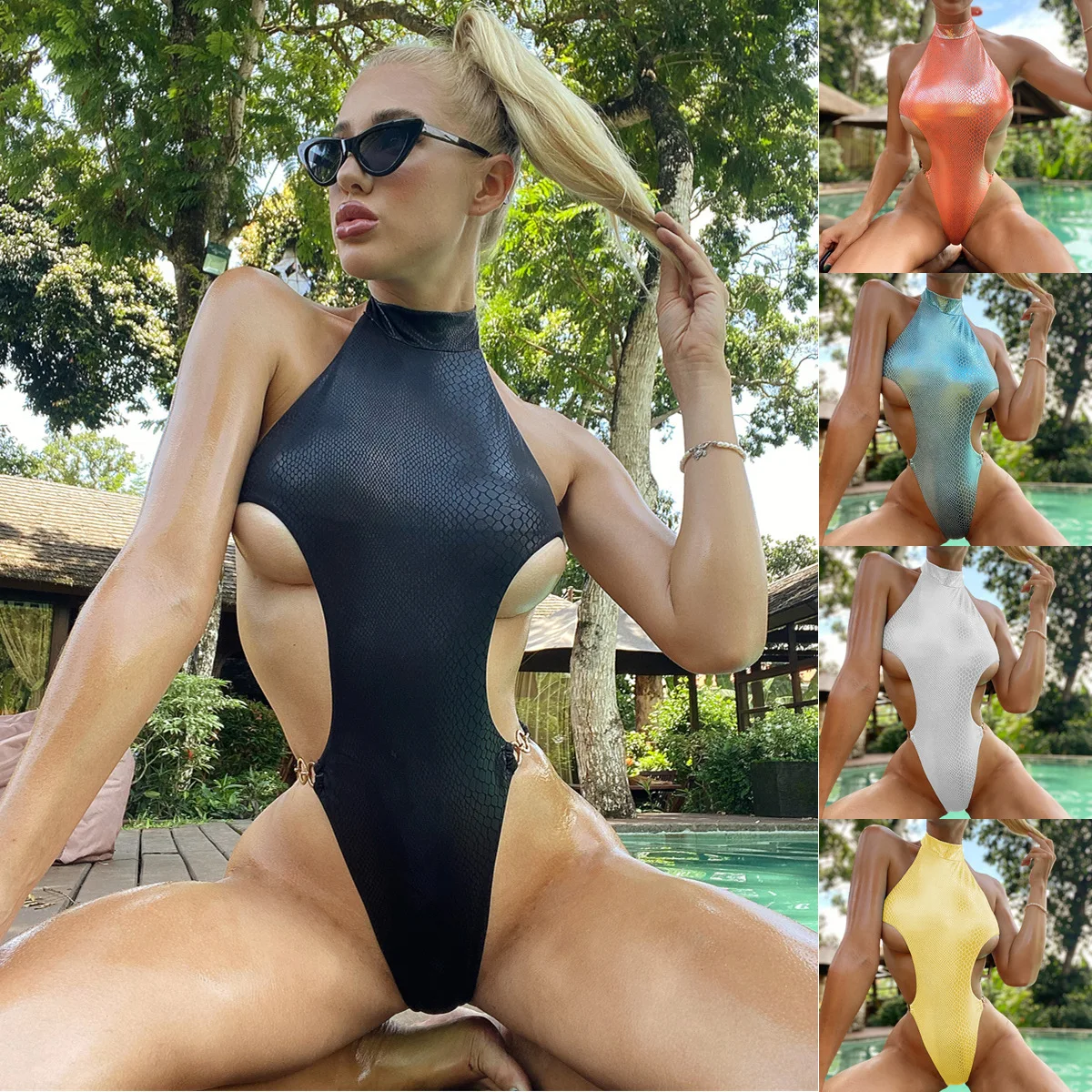 Push Up Bikini Slangeskind Badning Suit Female Monokini Polstret Badetøj Spænde Bodysuit 2020 High Cut Ét Stykke Badedragt Blank