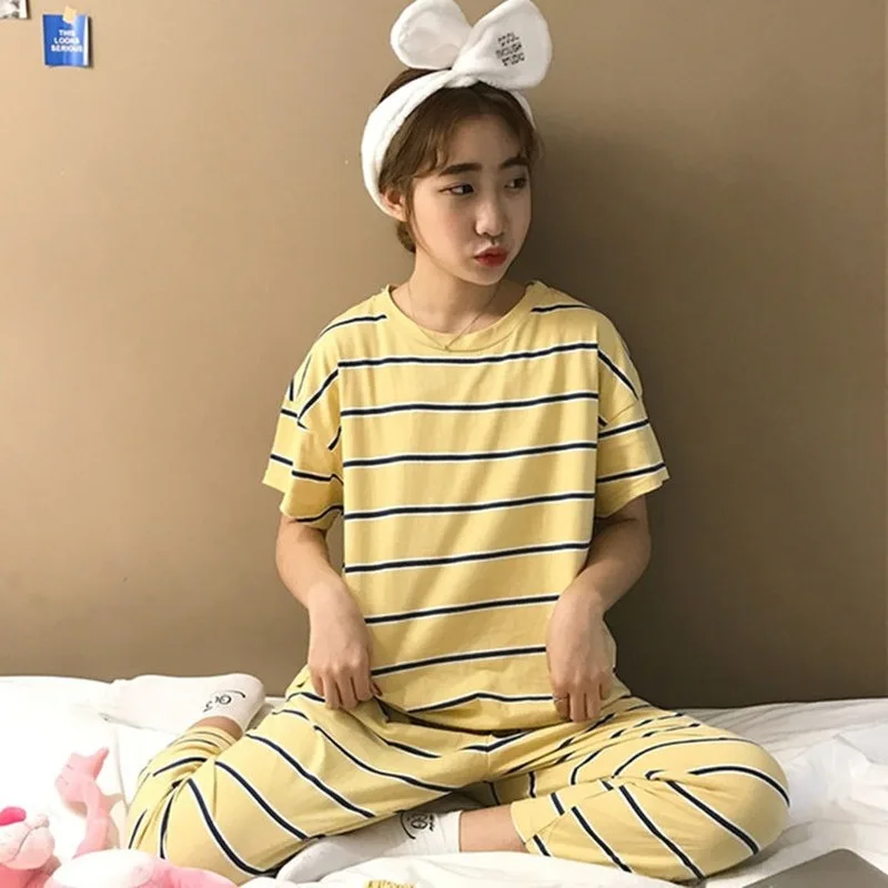 Pyjamas Sæt Koreanske Kvinder Stribet Trykt Simpel Løs Casual Trendy Søde Kvindelige Nattøj Komfortable, Åndbar Nattøj Chic