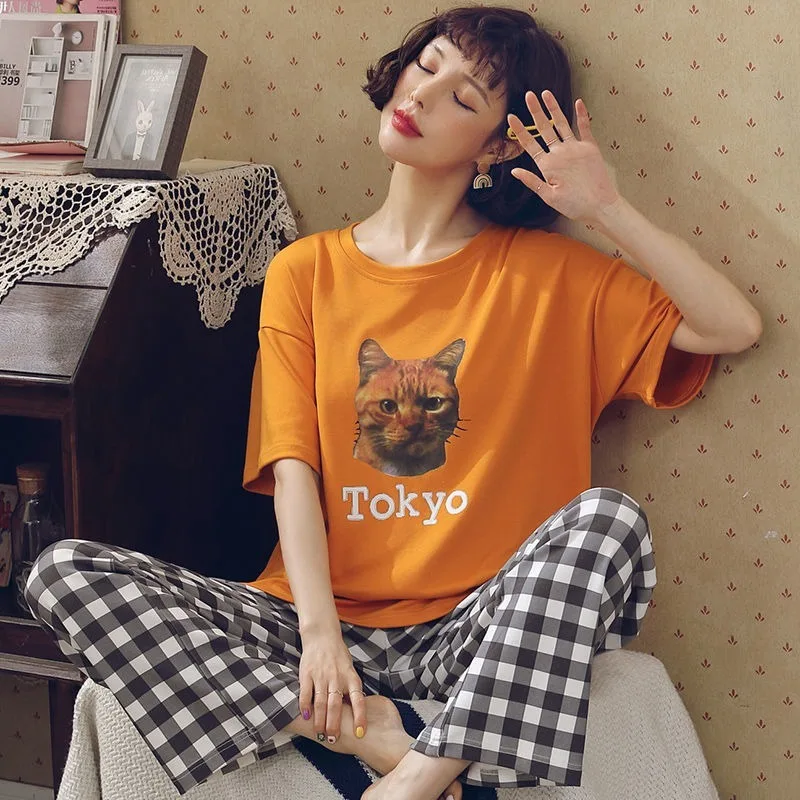 Pyjamas Sæt Koreanske Kvinder Stribet Trykt Simpel Løs Casual Trendy Søde Kvindelige Nattøj Komfortable, Åndbar Nattøj Chic