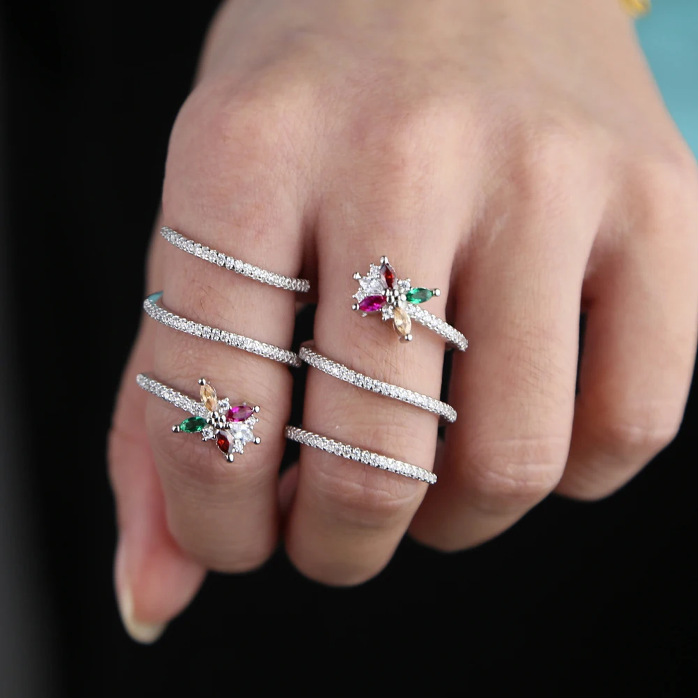 Rainbow cz blomst multi wrap Lange fuld finger ring for kvinder sølv farve gnister CZ banet fashion ringe størrelse 6 7 8