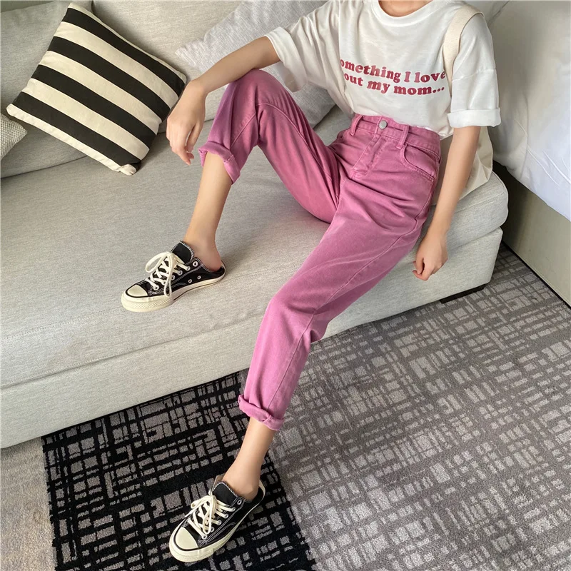 Reel Chance For Korean Style Retro Pink Lilla Højtaljede Løse Straight-Ben Bukser, Ikke-Mainstream Elegante Mode-Jeans