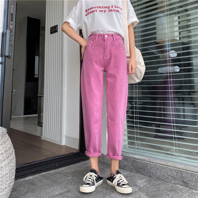 Reel Chance For Korean Style Retro Pink Lilla Højtaljede Løse Straight-Ben Bukser, Ikke-Mainstream Elegante Mode-Jeans