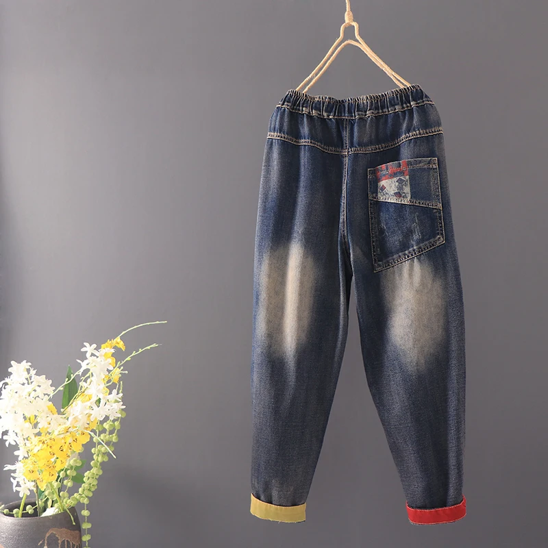 Retro Personaity Wash Denim Bukser 2020 Efteråret Kvinders Multi-lomme Elastik i Taljen Løs Lange Bukser Studerende Denim Bukser
