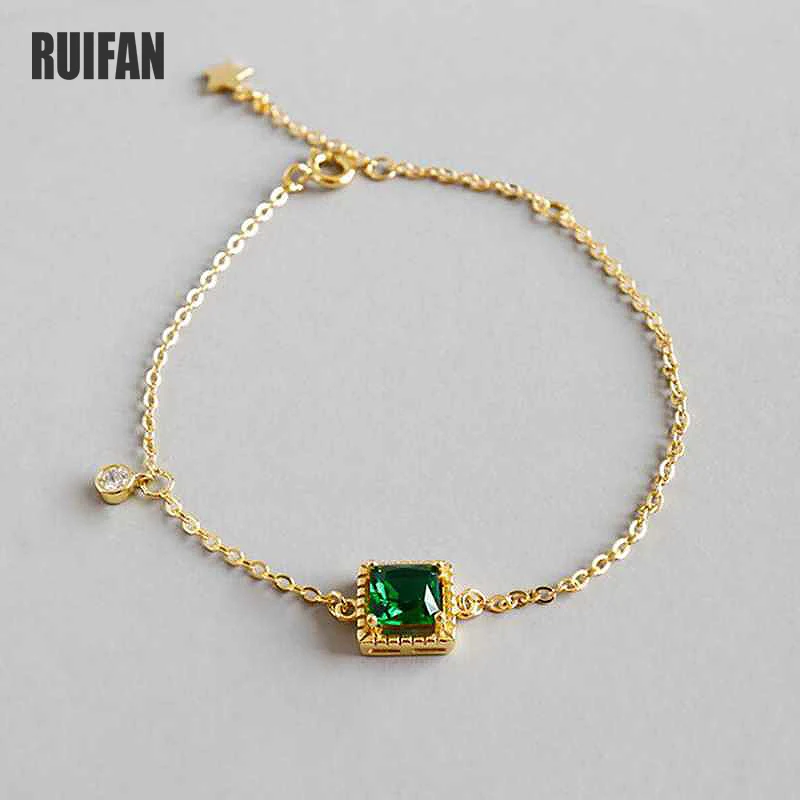 Ruifan Pladsen Grønne Cubic Zirconia Guld Farve 925 Sterling Sølv Armbånd til Kvinder, Damer Kæde Link Armbånd Smykker YBR041