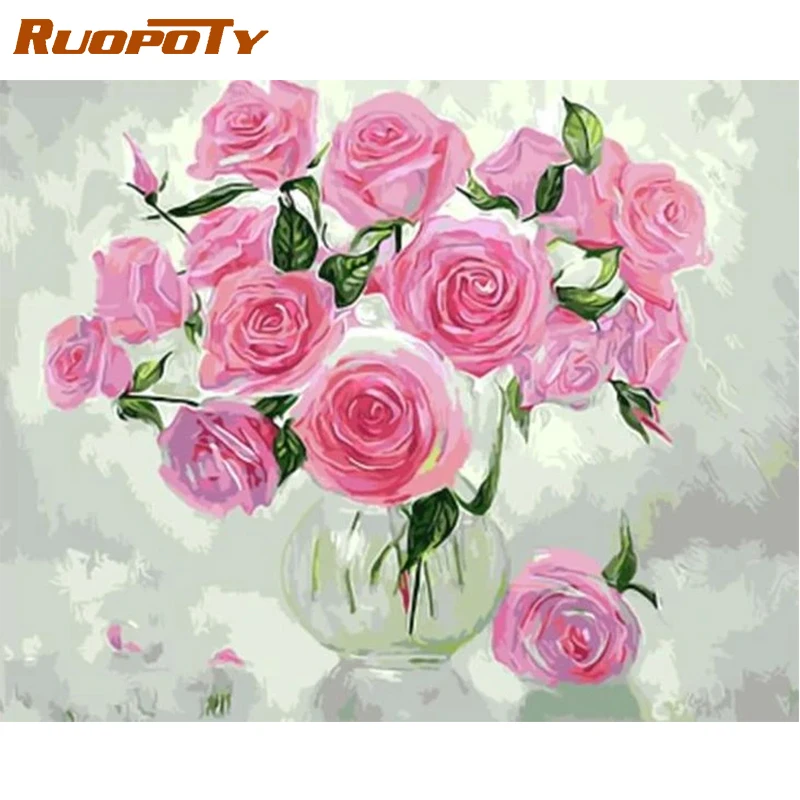 RUOPOTY Frame Billede Diy Maleri Af Tal Pink Blomster Farvelægning Af Tal Akryl på Lærred Maleri Håndmalet Tegning Kunst