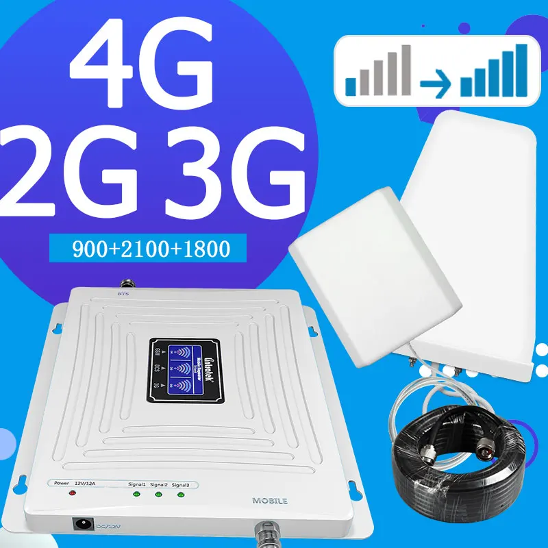 Rusland Repeater 2g 3g 4g gsm signal booster repeater Tri-Band 900 1800 2100 DCS WCDMA GSM LTE 4G trådløse signal forstærker kit
