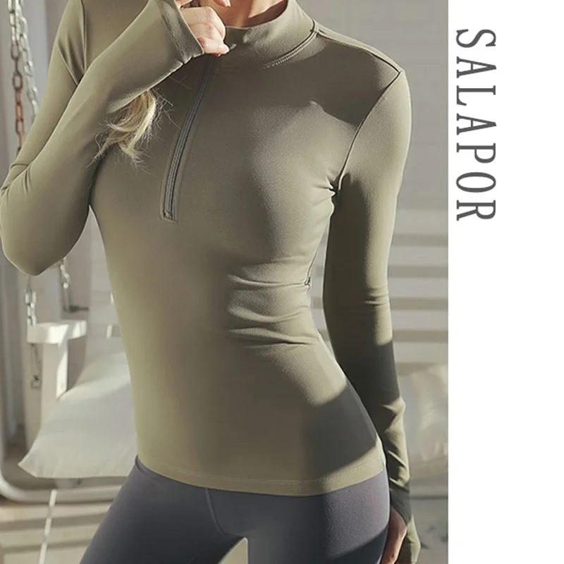 SALSPOR Fitness-Shirts Kvinder Sport Fitness Lynlås Åndbar langærmet Slim Fit Workout Kører Athletic Bodybuilding Yoga T