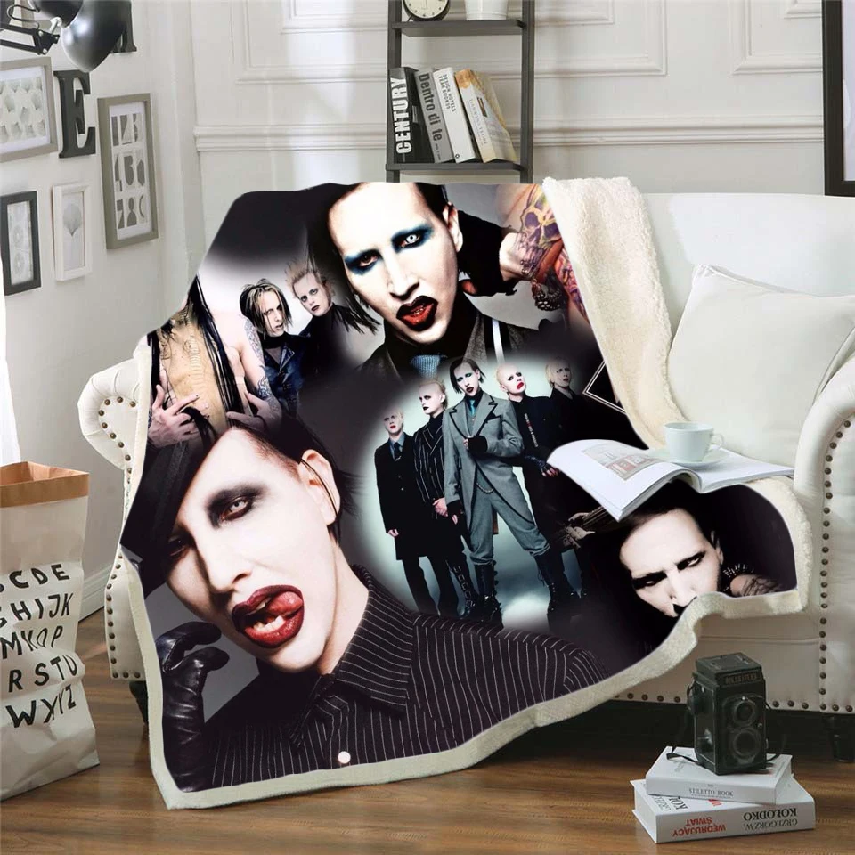 Sangerinde Marilyn Manson 3D Sherpa Tæppe Velvet Plys Smide Fleece Tæppe Sengetæppe Sofa Sofa Dynen Dække Rejse-Sengetøj 0007