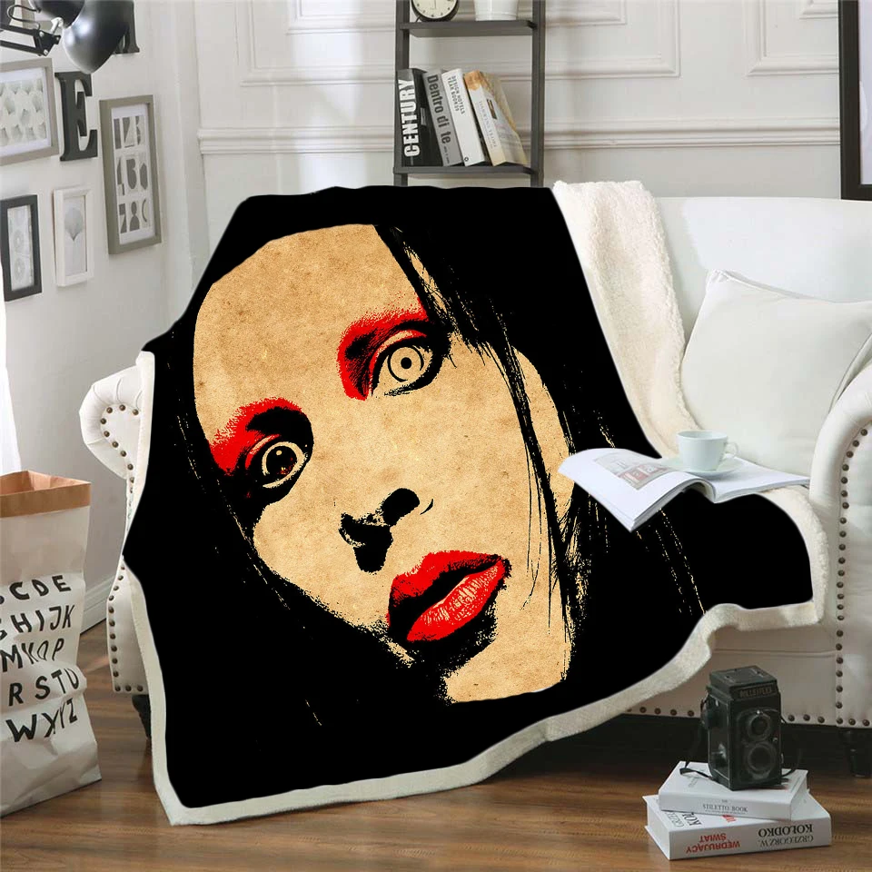 Sangerinde Marilyn Manson 3D Sherpa Tæppe Velvet Plys Smide Fleece Tæppe Sengetæppe Sofa Sofa Dynen Dække Rejse-Sengetøj 0007