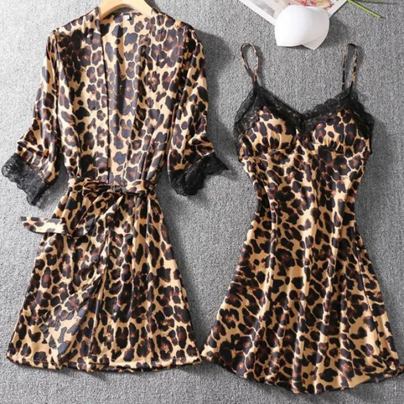 Satin 2STK Nighty&Kjortel, der Passer til Kvinder Leopard Nattøj Natkjole Sexy Lace Intime Lingeri Kimono Morgenkåbe Kjole Hjem Tøj