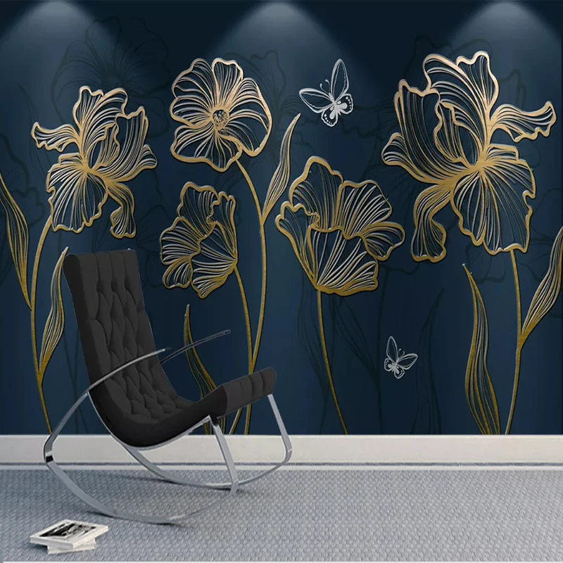 Selvklæbende Vandtæt Tapet Moderne Luksus Golden Præget Linje Blomster Foto Vægmalerier stuen TV-Flytbare 3D Klistermærker