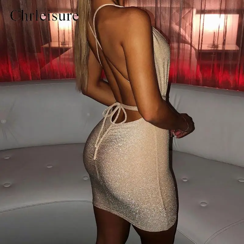 Sexet Ryg-Glitter Kjole Kvinder Dyb V Bodycon Mini Kjoler 2020 Summer Night Club Party dress
