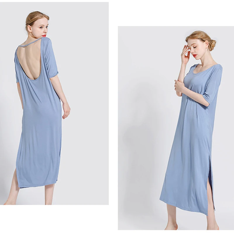 Sexet Ryg-Natskjorter Modal Plus Size Aften Kjole Kvinder SleepShirts Lang Dressing Nightgowns Løs Nattøj Home Service