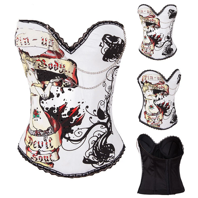 Sexet Undertøj Burlesque Corselet Gotiske Rød Bomuld Rhinestone Kæde Kvinder Steampunk Print Rem Overbust Korset Camisole