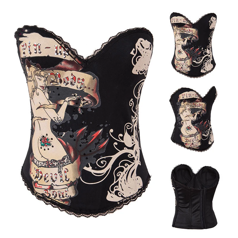 Sexet Undertøj Burlesque Corselet Gotiske Rød Bomuld Rhinestone Kæde Kvinder Steampunk Print Rem Overbust Korset Camisole