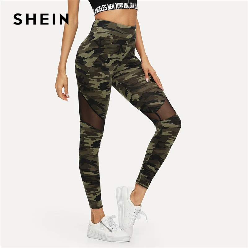 SHEIN Flerfarvet Mesh-Insert Camo Print Leggings Sportslige Patchwork Ren Afgrøde Bukser Kvinder Efteråret Athleisure Leggings