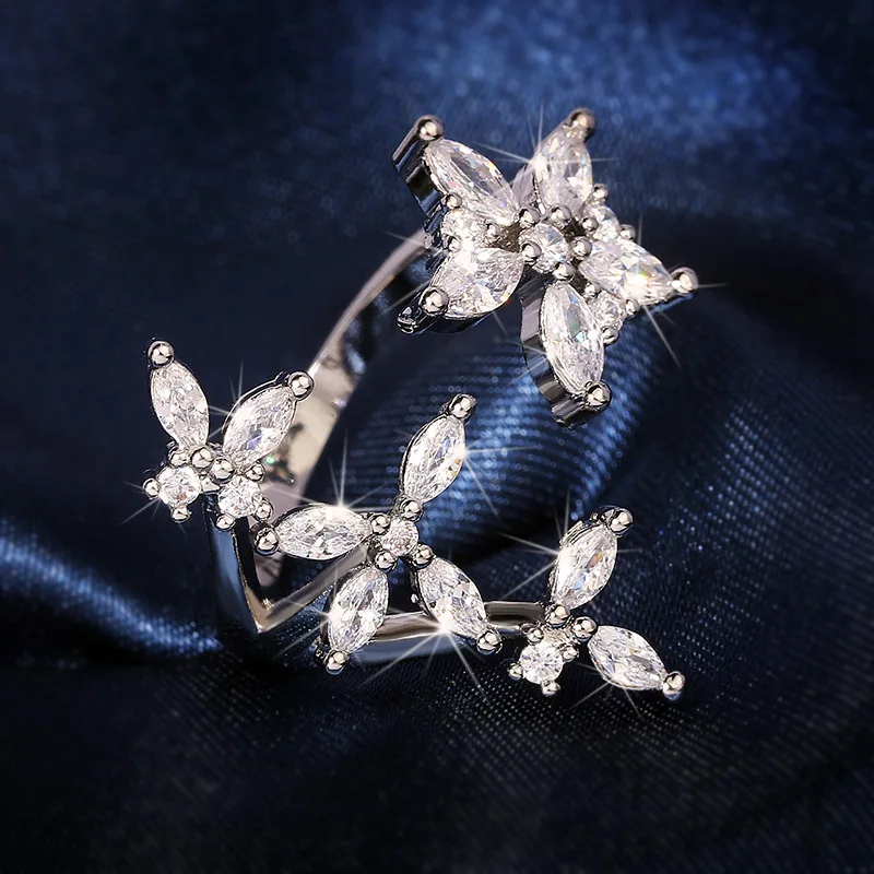 Sillver Farve Justerbar Søde Blomst Ringe til Kvinder med Bling Zircon Sten Bryllup Engagement Mode Smykker