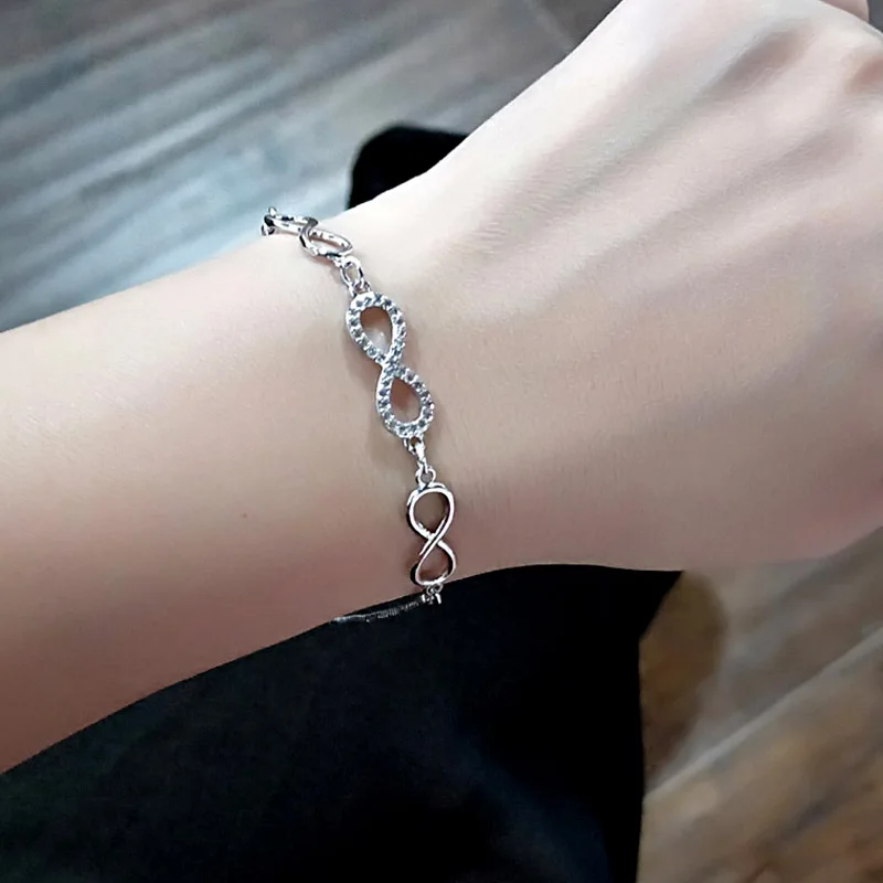 SINLEERY Populære Lille Krystal Infinity Armbånd Til Kvinder Hot Fashion Sølv Farve Hånd Kæde Statement Smykker SL023 SSB