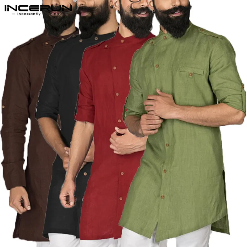 Smarte 2021 Kurta Passer Indiske Mænd, Tøj, Dress Shirt Med Lange Ærmer-Knappen Nede Løs Arabiske Islamiske Tøj Chemise Pathani
