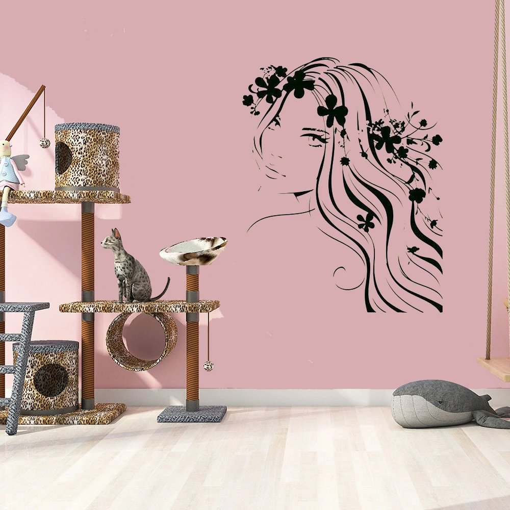 Smukke Pige Vinyl Decals til Soveværelse Beauty Salon Indretning Vindue Dør Klistermærker Kvinde Hår Blomst Wall Sticker-Art Kalkmalerier WL409