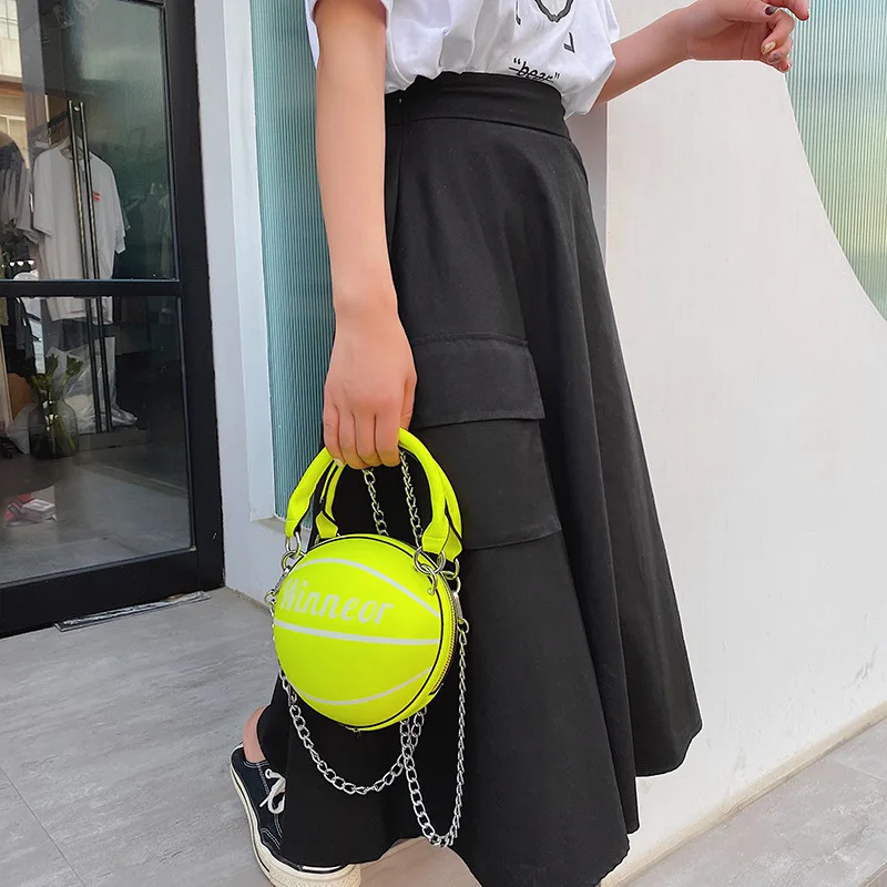 Små Fluorescerende Farve Basketball Hånd Taske Mode Kvinder Kæder Håndtaske Kreative Brev Skulder Messenger Taske Mini Runde Tote