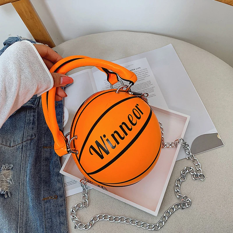 Små Fluorescerende Farve Basketball Hånd Taske Mode Kvinder Kæder Håndtaske Kreative Brev Skulder Messenger Taske Mini Runde Tote