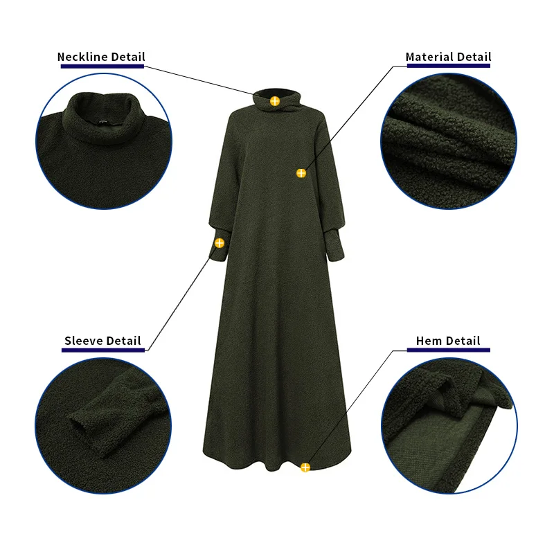 Solid Maxi Kjoler Kvinders Efteråret Sundress VONDA 2021 Vintage Pleating Casual Kjole med Lange Ærmer Vestidos Kvindelige Rullekrave Robe
