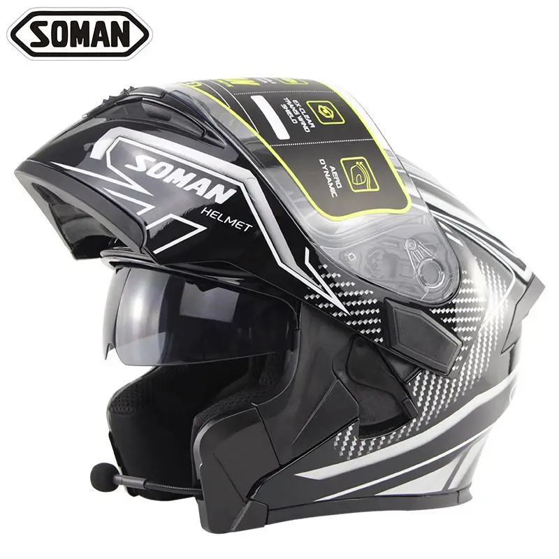 SOMAN Motorcykel Hjelm Bluetooth Dobbelt Linse Full Face Hjelm Racing Motorcykel med Bluetooth-Headset, Flip Op Modulære Casco Moto