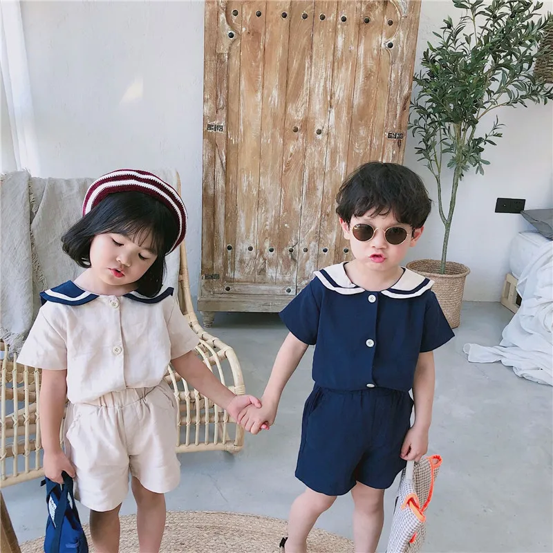 Sommeren koreansk stil matros krave bomuld tøj sæt søde piger drenge piger kortærmet T-shirt + shorts 2stk passer G003