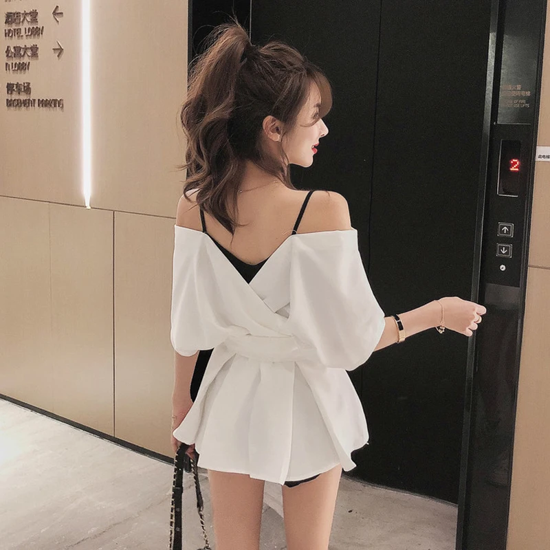 Sommeren Kvinder Sort Skjorte Koreansk Mode Temperament, Butterfly, Slips Talje Puffy Slynge Hvid Top 2020 Nye Off Stropløs T-Shirts