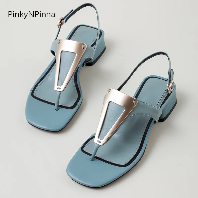 Sommeren kvinder ægte fåreskind læder T-rem Boheme casual sandaler holiday beach candy farve metallic chunky hæle sko