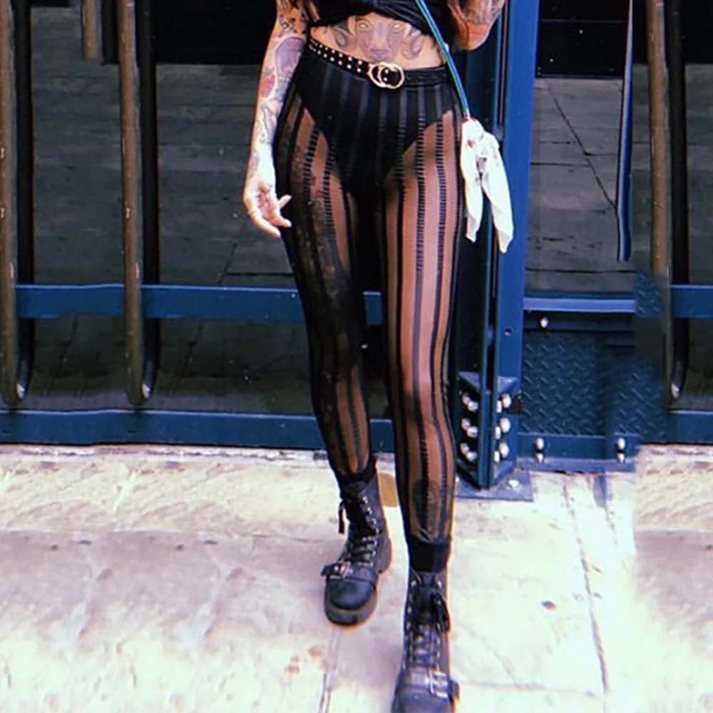 Sommeren Sexy Club Punk, Gothic Sort Push-Up Kvinder Leggings Grå Slim Stripe Mesh Goth Leggins Tynd Kvindelige Mode Casual Bukser