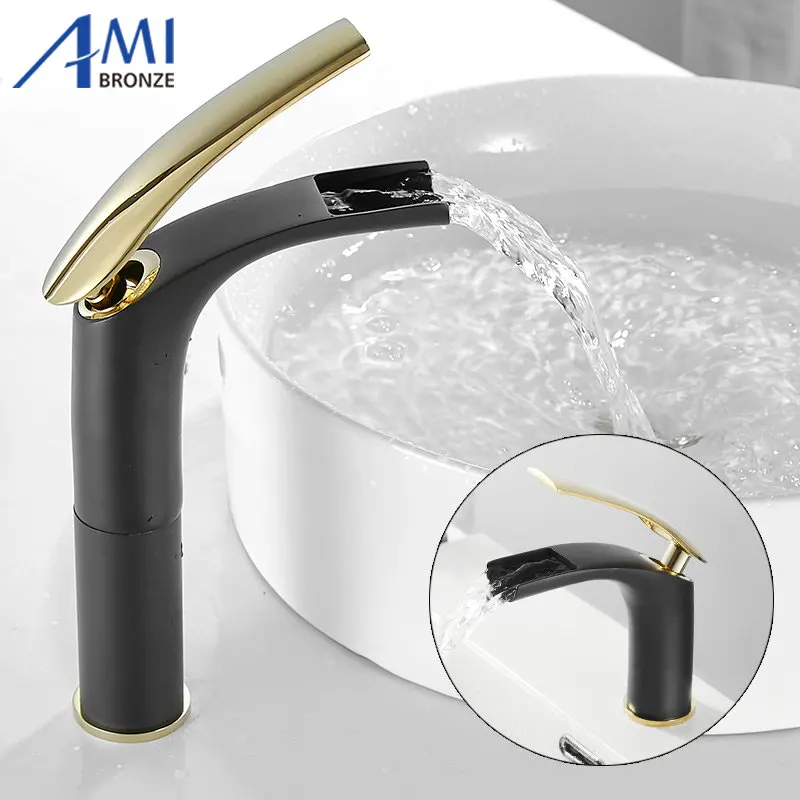 Sort Guld Badeværelse Håndvask Hane Varmt og Koldt blandingsbatteri Sort Messing Toilet Håndvask Vand Kran Vandfald