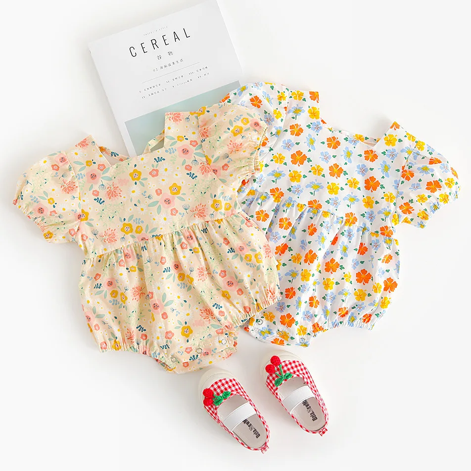 Spædbarn baby piger shorts ærme blomster print bodyer børn jumpsuits småbørn tøj sunsuits casual overalls 0-24M
