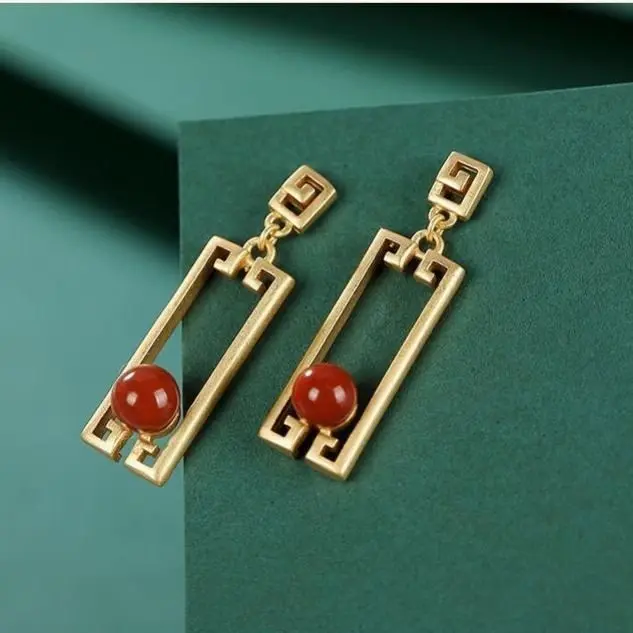 Sterling sølv indlagt naturlige syd rød agat øreringe i Kinesisk stil retro rektangulære geometri unikke kvinder mærke smykker