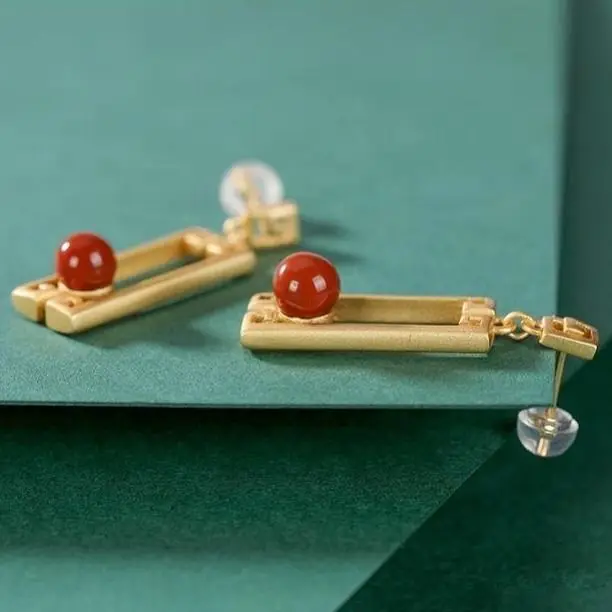 Sterling sølv indlagt naturlige syd rød agat øreringe i Kinesisk stil retro rektangulære geometri unikke kvinder mærke smykker
