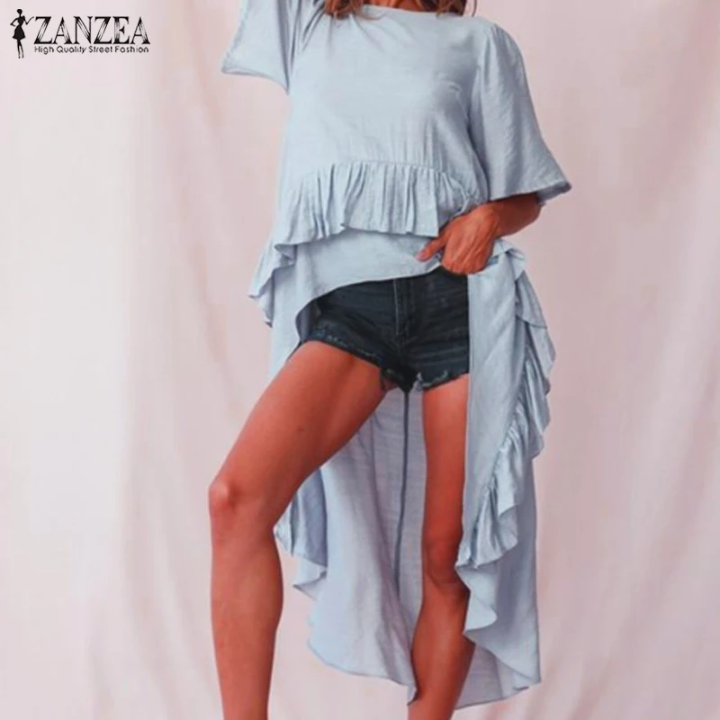Stilfuld Flæser Forneden Asymmetrisk Skjorte ZANZEA Kvinder kortærmet Bluse om Sommeren Solid Høj Lav Toppe, Tunika Femme Kjole Blusas Chemise