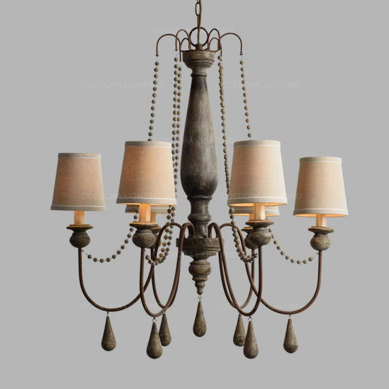 Stof skygge lysekroner rustik lys antik træ-lamper, retro soveværelse hængende lys stue suspenderet lustre