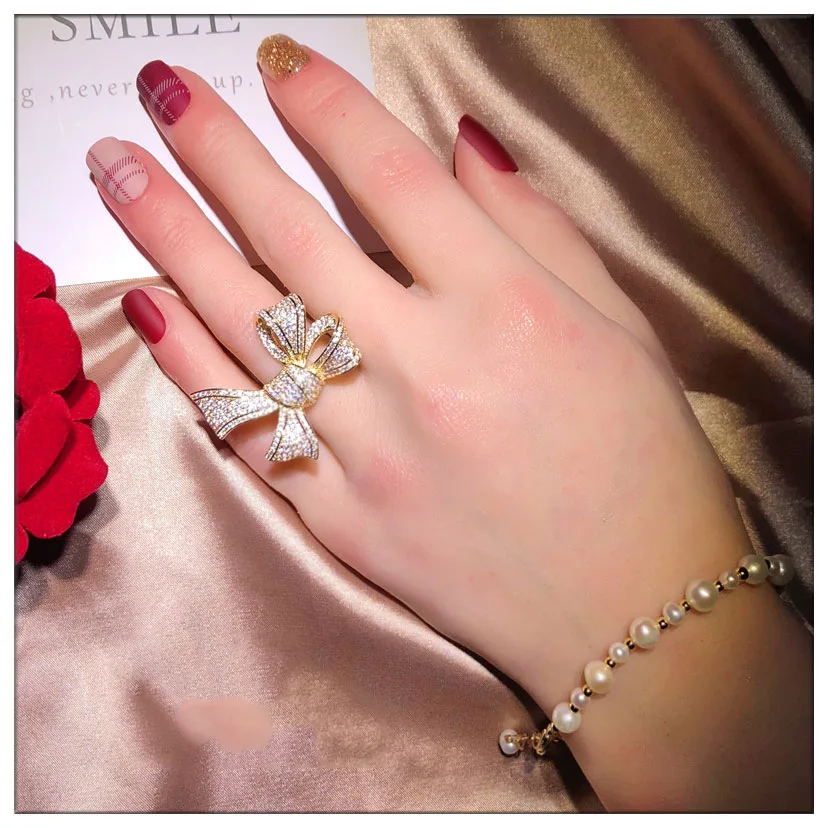 Stor Guld Sløjfeknude Bling Ring med Zircon Sten til Kvinder, Bryllup, Engagement Bue Knude Mode Smykker 2020