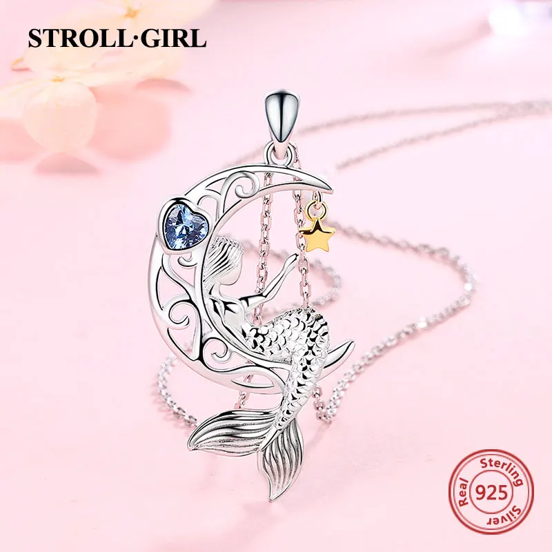 Strollgirl 925 Sterling Sølv Skønhed Fishtail Vedhæng Kæde Havfrue Cz Moon-Stjerne Halskæde til Kvinder Mode 2020 Smykker Gave