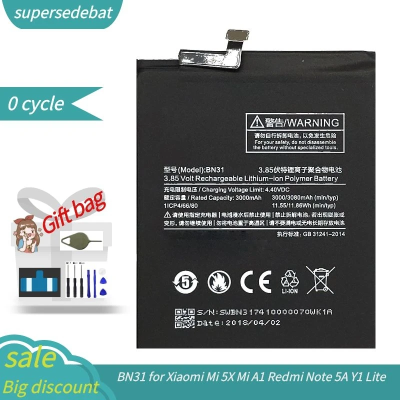 Supersedebat BN31 Batterier til Xiaomi Mi A1 Batteri Batterie for Xiaomi Mi 5X Mi A1 Redmi Bemærk 5A Y1 Lite Batería med Tracking