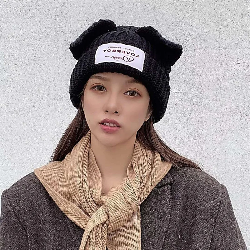 Sydkorea Ins Kat Øre Uld Strikket Hat Kvinder Casual Alsidig Net Red Varmt Efterår Og Vinter Beskyttelse Hovedbeklædning