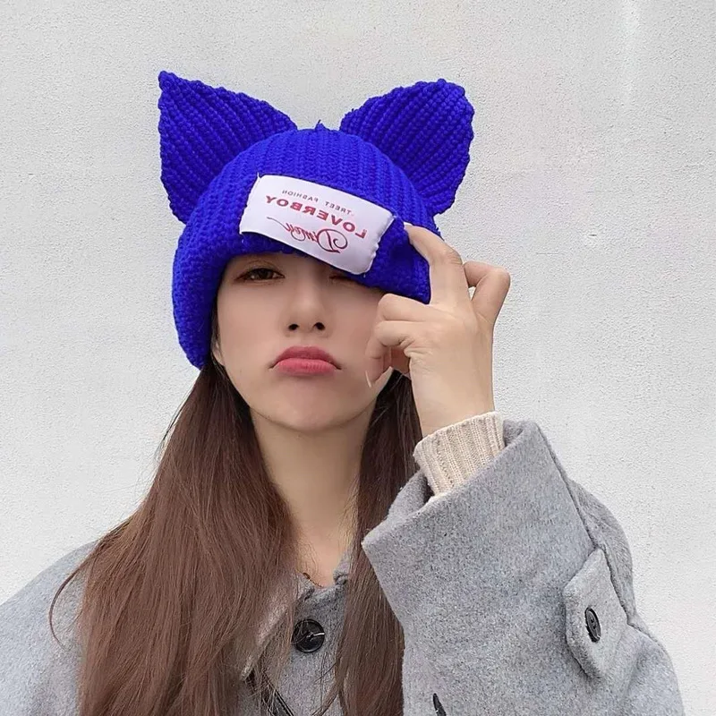 Sydkorea Ins Kat Øre Uld Strikket Hat Kvinder Casual Alsidig Net Red Varmt Efterår Og Vinter Beskyttelse Hovedbeklædning