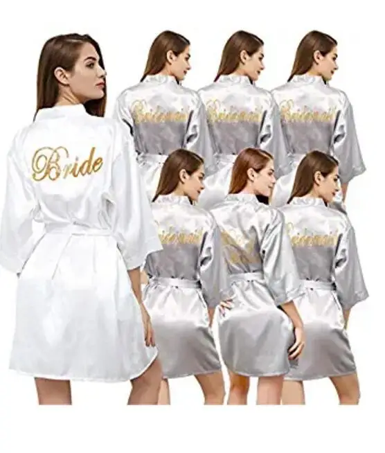 Sølvfarvet kåbe med guld skrift søster, mor til bruden kimono kjole brudepige hvid pink satin bryllup klæder bruden S-XXL
