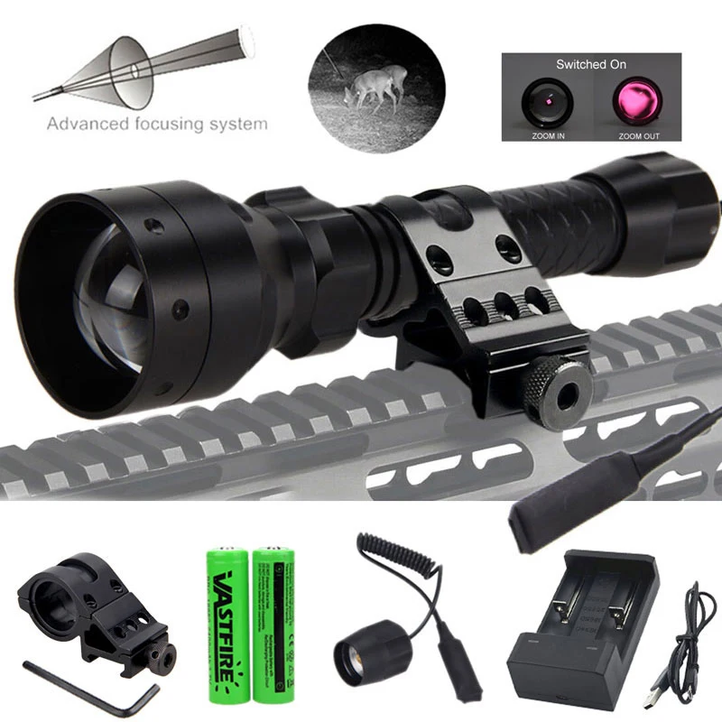 T50 Zoomable Infrarødt Lys Jagt Fakkel Sort 850nm IR Night Vision-hjælpelys+Rifle Anvendelsesområde Mount+Switch+2*18650+USB-Oplader