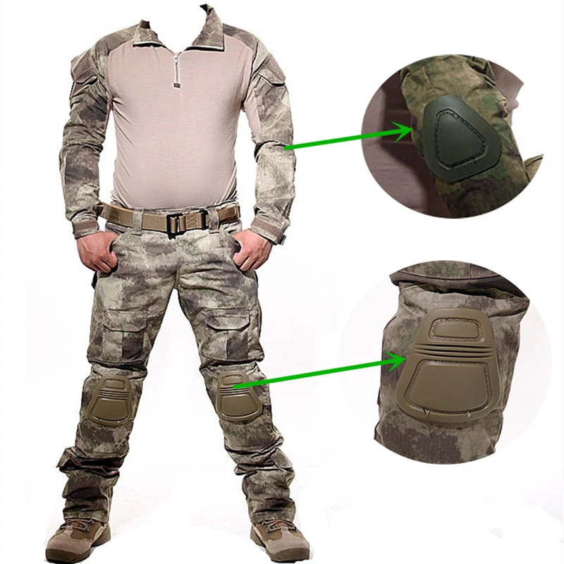Taktisk Frog Sæt Jagt Shirt&Bukser Med Knæ, Albue Puder Hær Militære Uniform Camouflage Tøj Udendørs Cambat Ghillie Suit